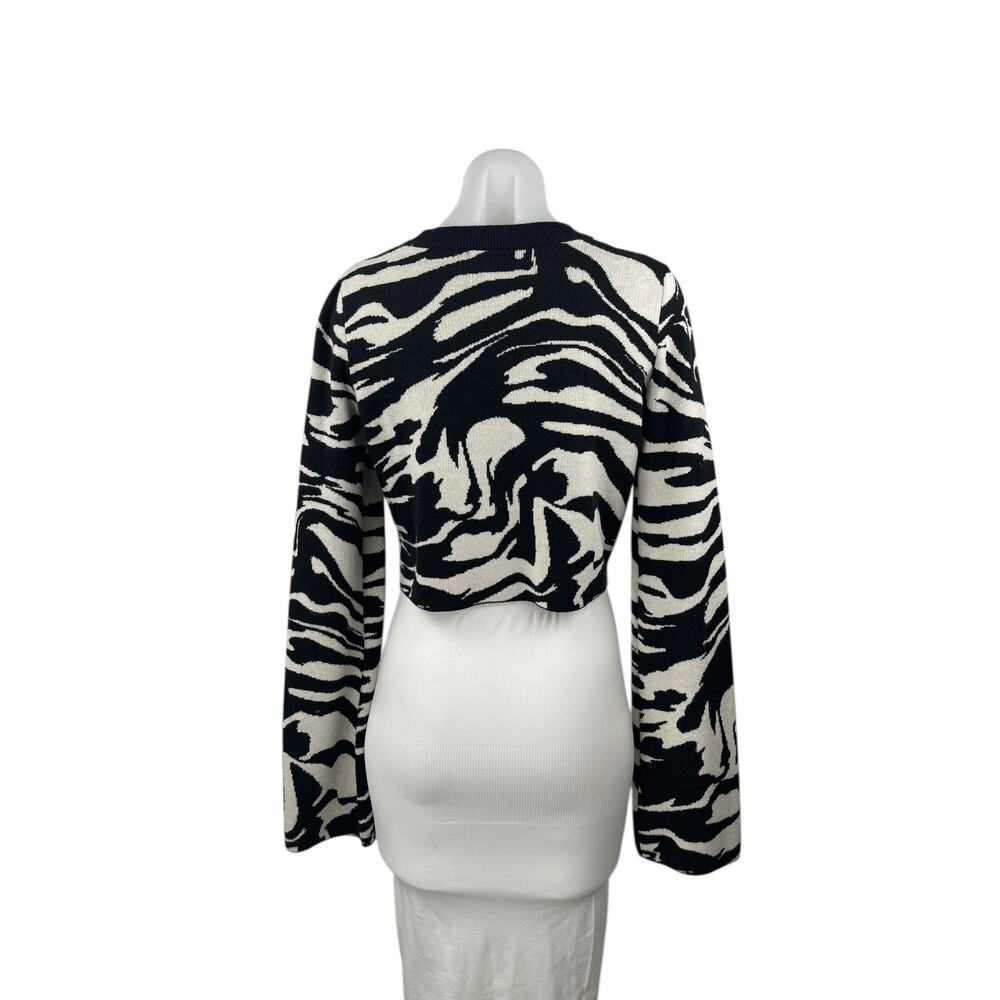 H&M Black White Zebra Marble Long Sleeve Knit Crew Neck Cropped Sweater Top Sz S - Picture 3 of 5